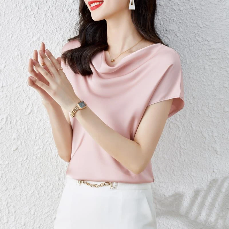 法式冰丝堆堆领衬衫女士短袖上衣2025年夏装新款时尚潮牌T恤衫