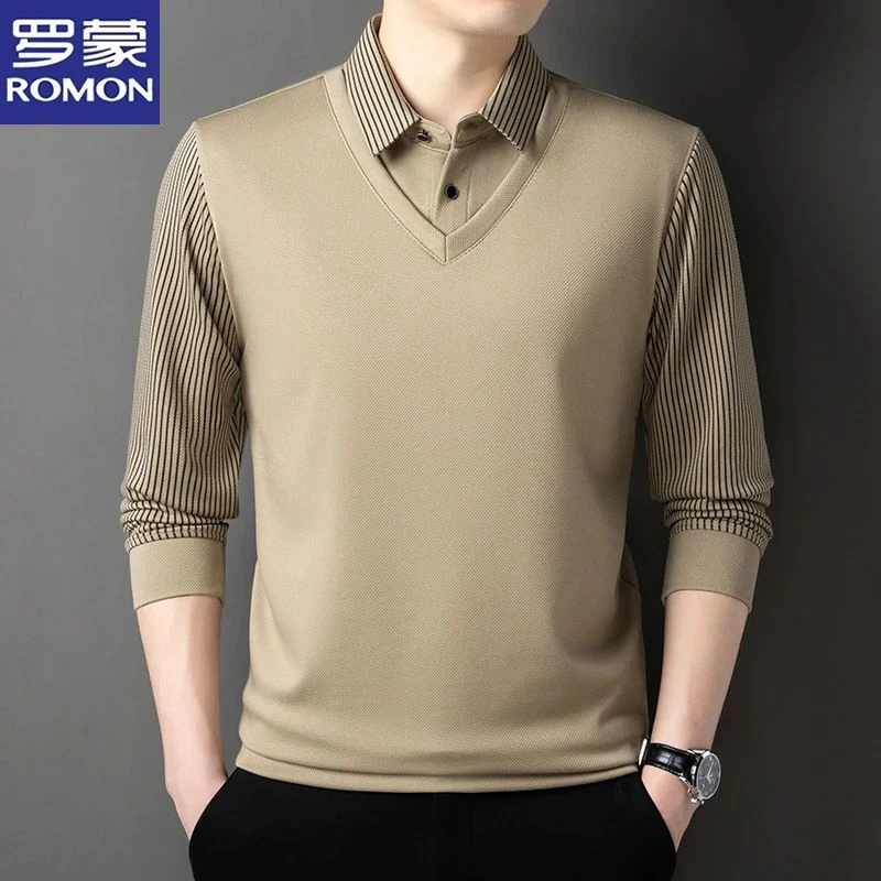 罗蒙春秋季假两件男士衬衫领长袖T恤时尚百搭条纹中年商务上衣服