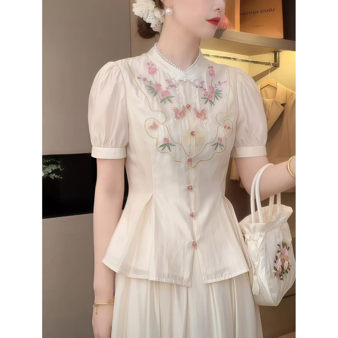 国风时尚立领刺绣提花衬衫女夏季新款泡泡袖收腰下摆薄款透气开衫