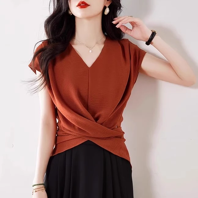今年流行洋气高端别致绝美小衫美拉德咖色v领无袖收腰衬衫女夏季