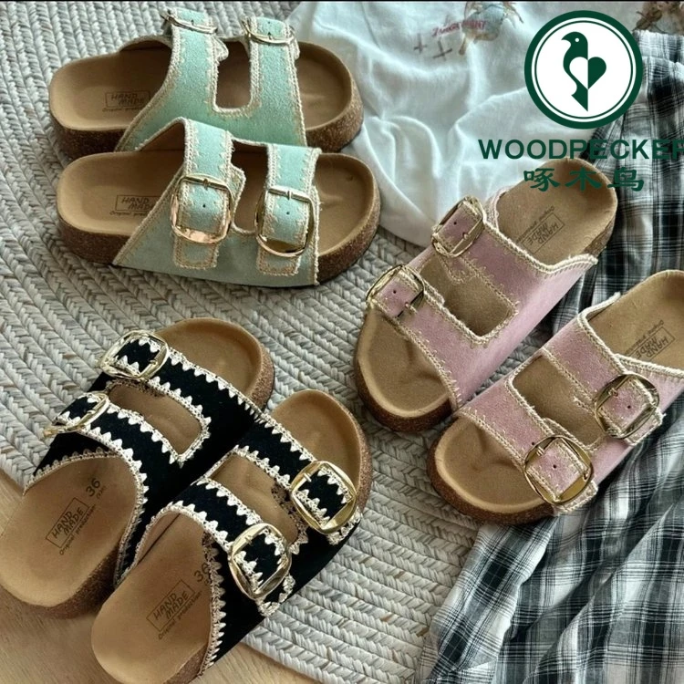 啄木鸟厚底增高勃肯鞋女士复古编织皮带扣一字拖鞋休闲沙滩凉拖鞋