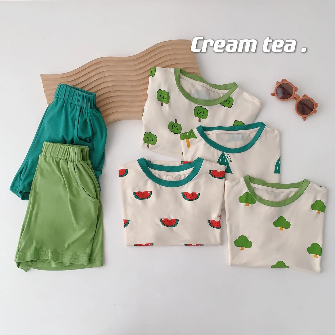 男空调服卡通动漫休闲女童男童家居服圆领女森系夏季套装