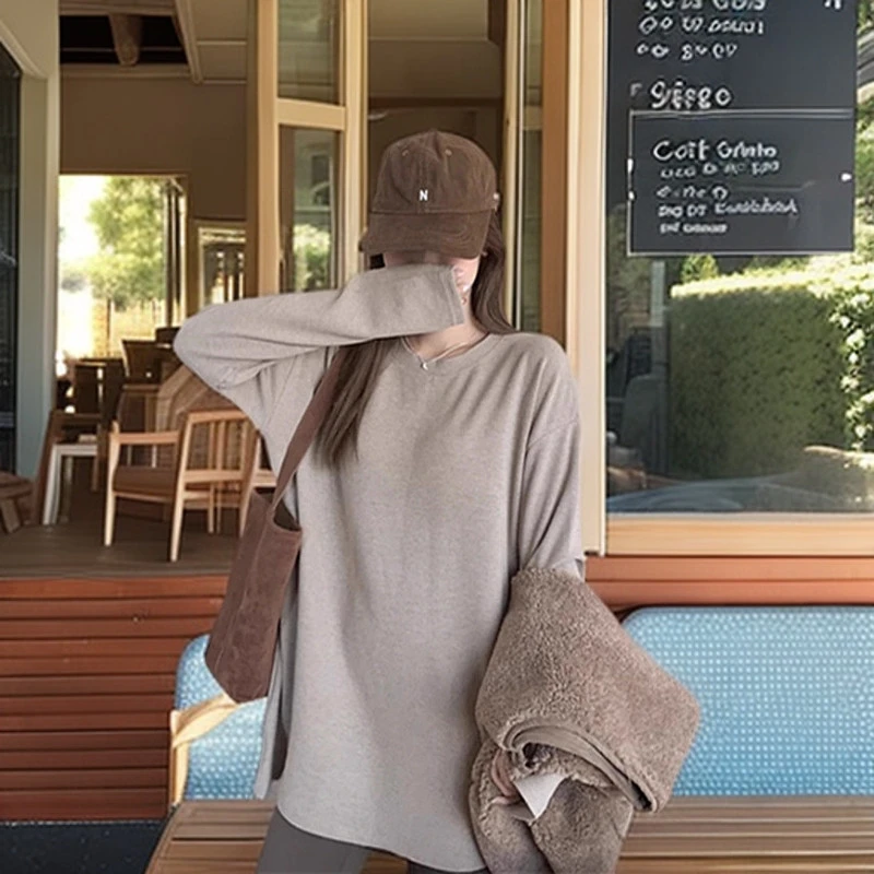 冬季大码慵懒风中长款上衣燕麦色德绒保暖打底衫宽松百搭长袖T恤