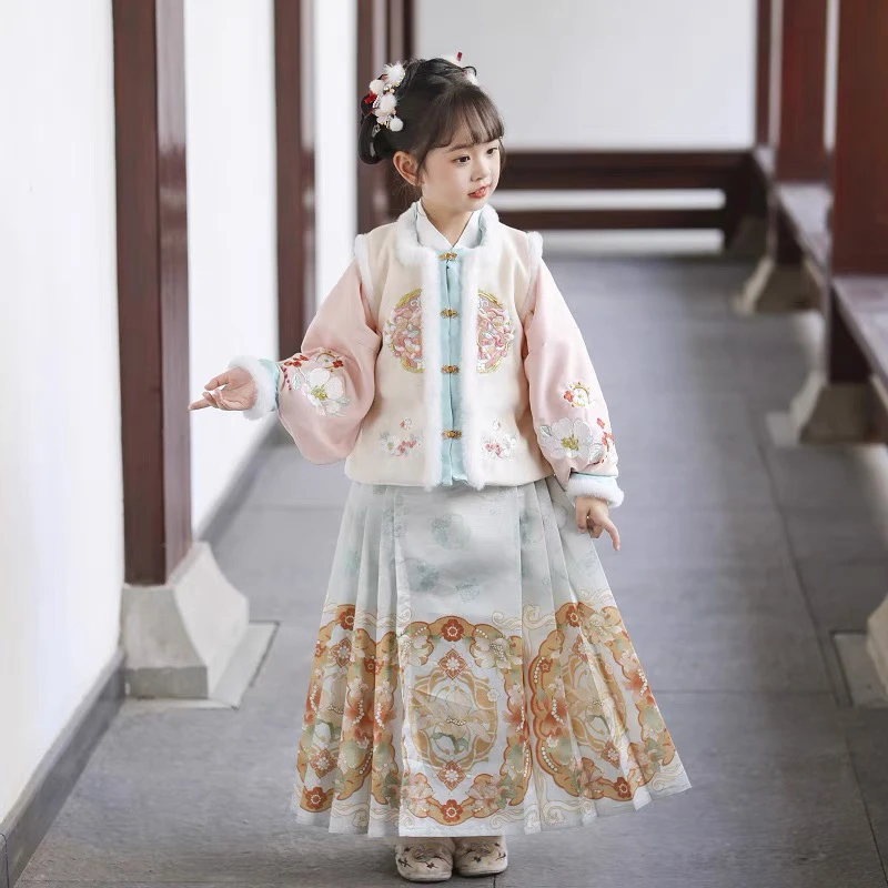 古风汉服冬款女童秋冬季2025新款加厚新年拜年服加绒中国风三件套