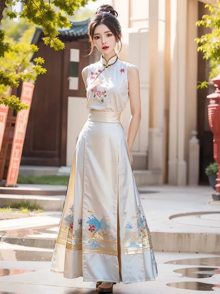 时尚百搭无袖绣花上衣马面裙套装2025夏季新款中式国风气质两件套