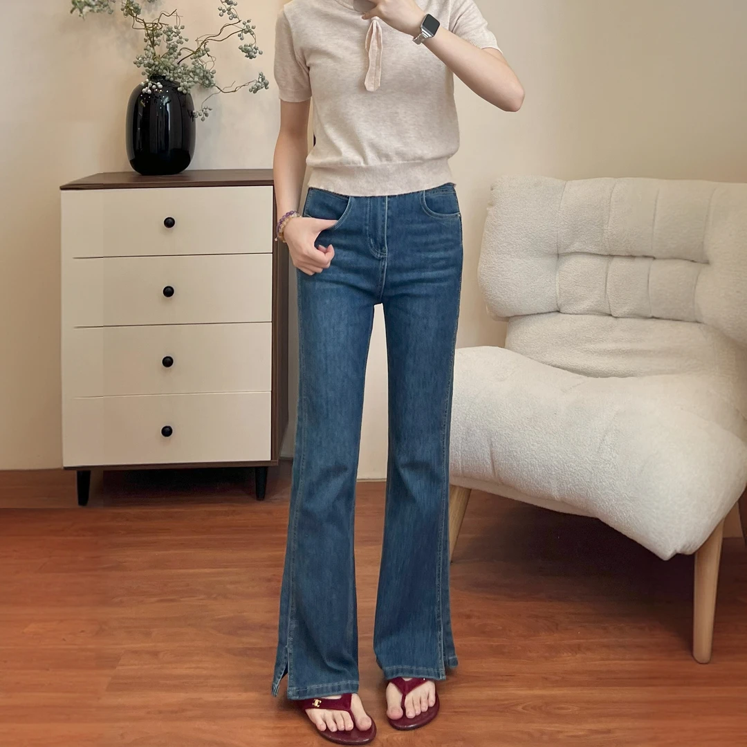 小个子侧开叉高腰弹力微喇牛仔裤女加绒大码遮胯显瘦百搭直筒长裤