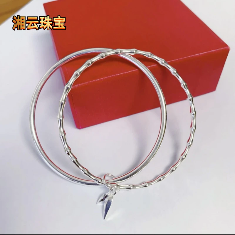 足银手镯 环环相扣手镯双环竹节手镯纯银实心亮面闭口手镯约23克