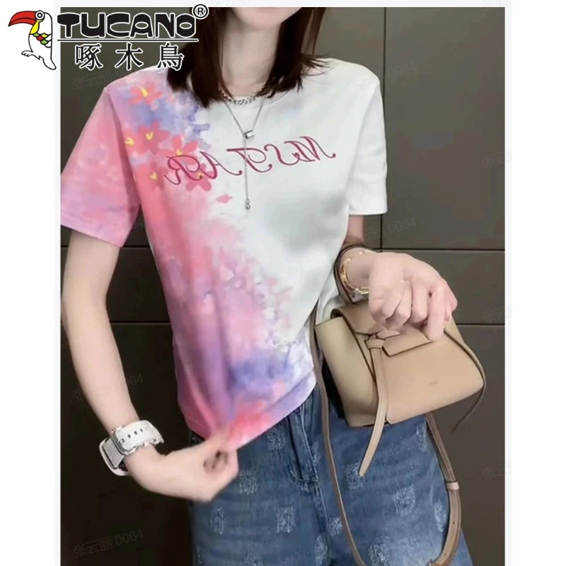 【啄木鸟】纯棉欧货不规则扎染正肩t恤女夏季女款灰色正肩打底T恤