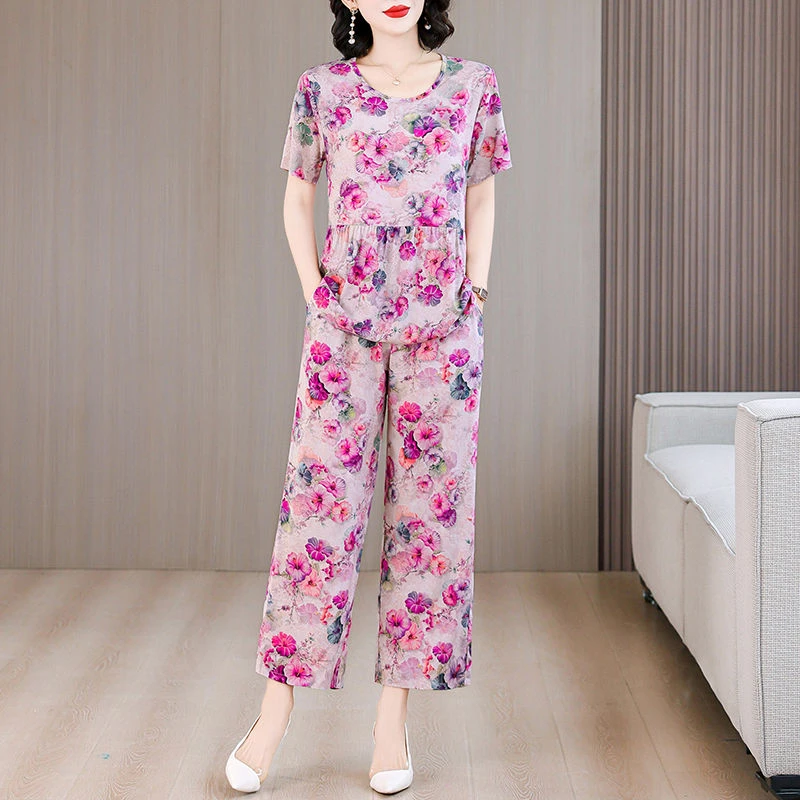 棉绸套装夏季新款时尚宽松妈妈休闲减龄外穿洋气人造棉短袖两件套