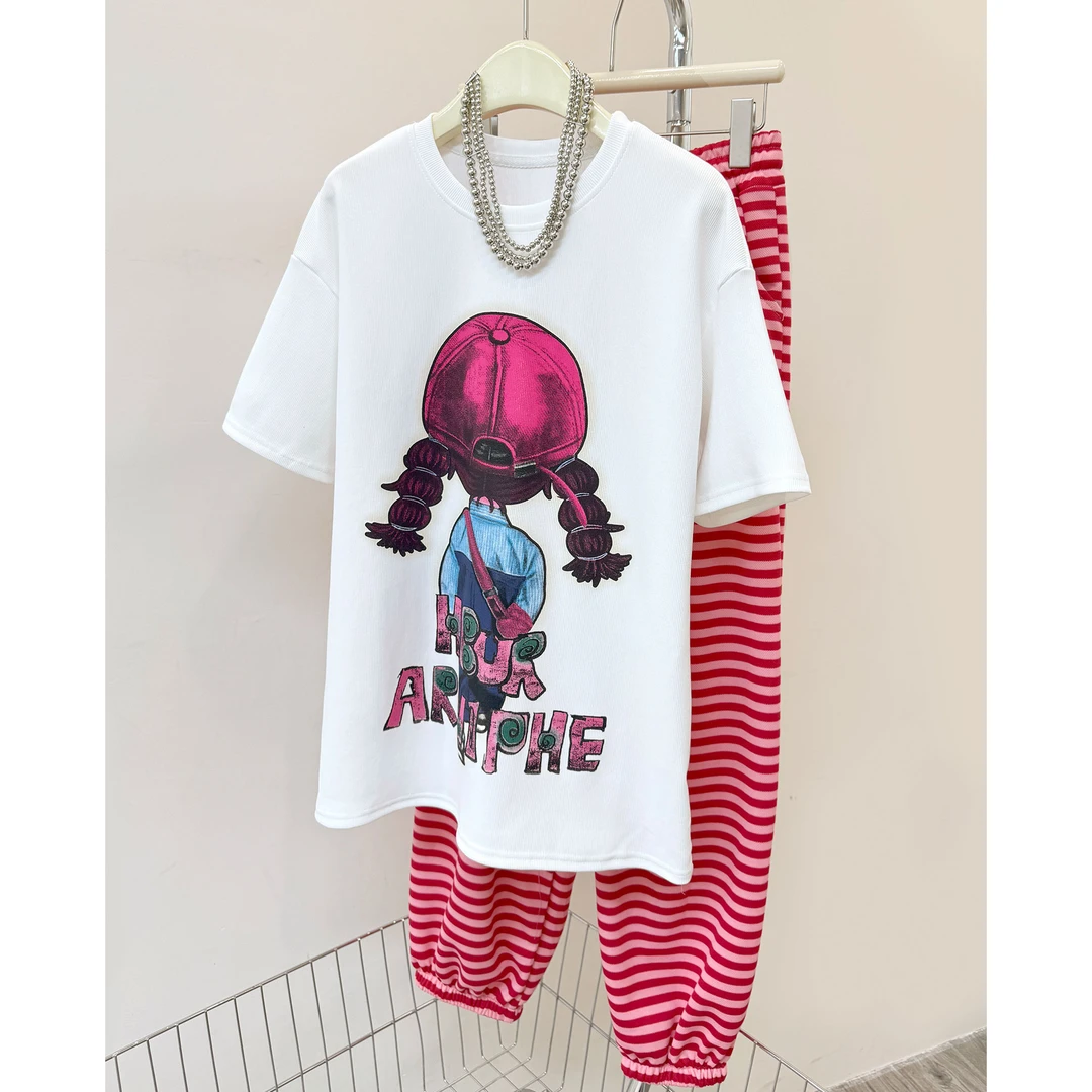 【2115】韩版女装时尚卡通女孩刺绣印花短袖t恤女宽松体恤休闲套装