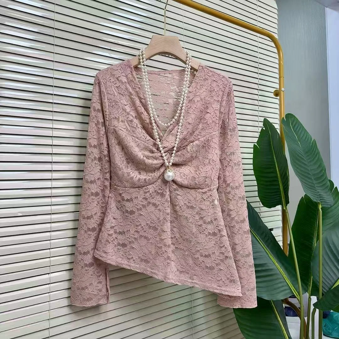 大码女装纯欲蕾丝设计新款2025不规则小衫T恤性感打底修身上衣潮