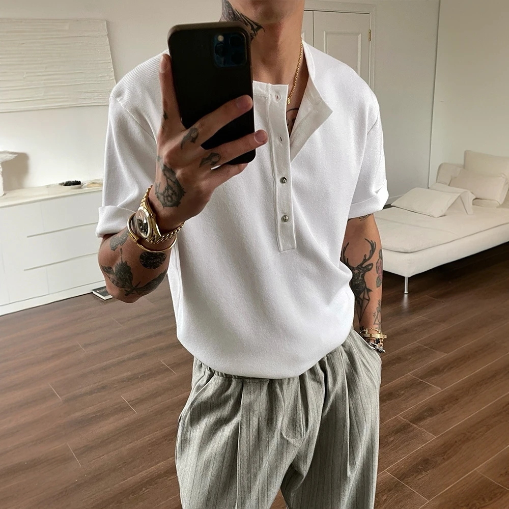 「老钱风 金属钉扣」针织亨利领短袖正肩t恤男高级感体恤男士休闲