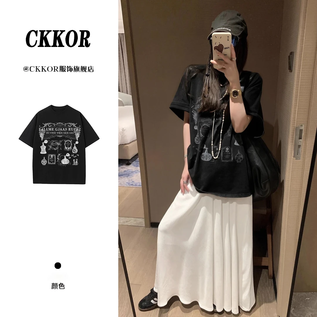 CKKOR夏季纯棉黑色短袖t恤女新款爆款美式复古慵懒风潮牌穿搭女装