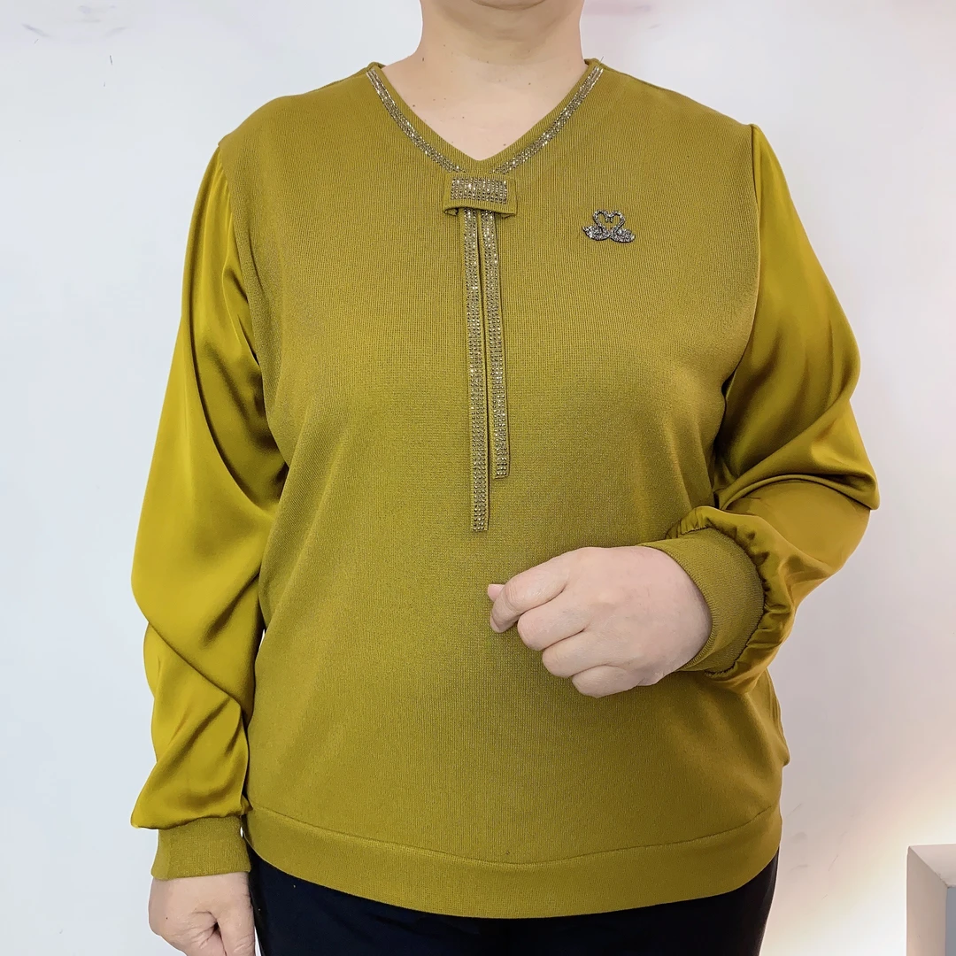 时尚纯色领带高端烫钻常规款长袖中老年女装女春季宽松小衫8821