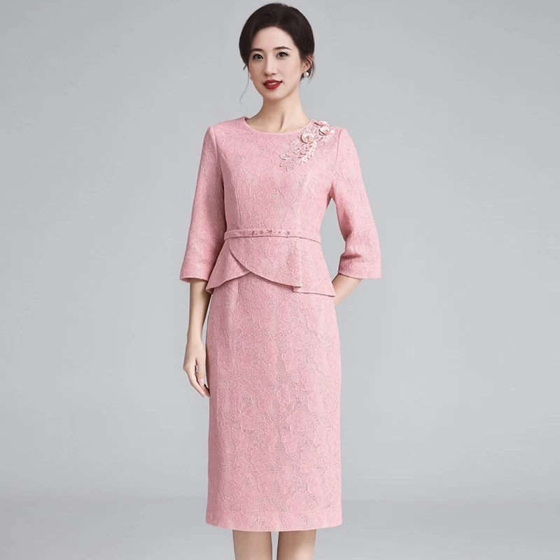 喜婆婆喜妈妈婚宴礼服气质荷叶边婚庆粉色假两件连衣裙高档春秋