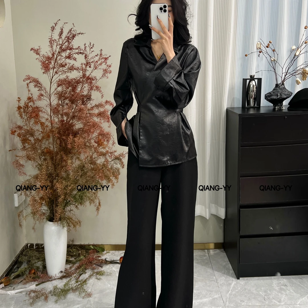 黑色短款QIANG-YY设计感长袖女装秋季气质时尚小众衬衫131