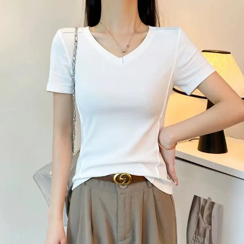 白色V领鱼骨正肩短袖t恤女夏季修身设计感打底衫内搭显瘦低领上衣