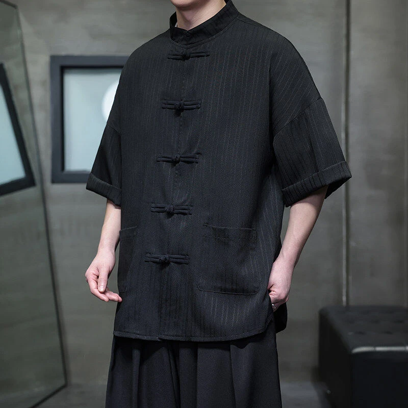 中国风细条纹提花衬衫男短袖夏季大码宽松立领盘扣唐装五分袖衬衣