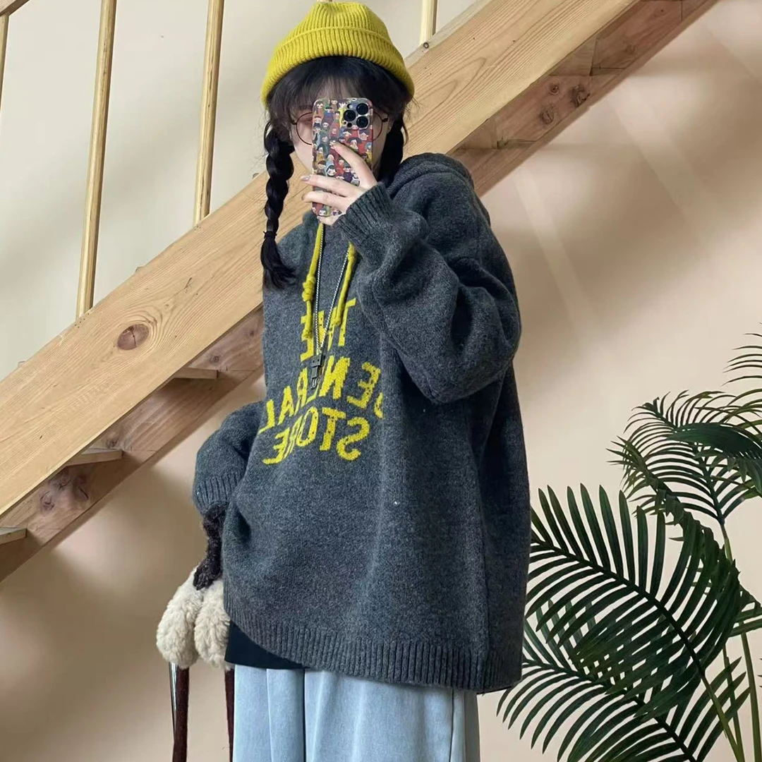 时尚百搭宽松文艺风连帽针织毛衣19334