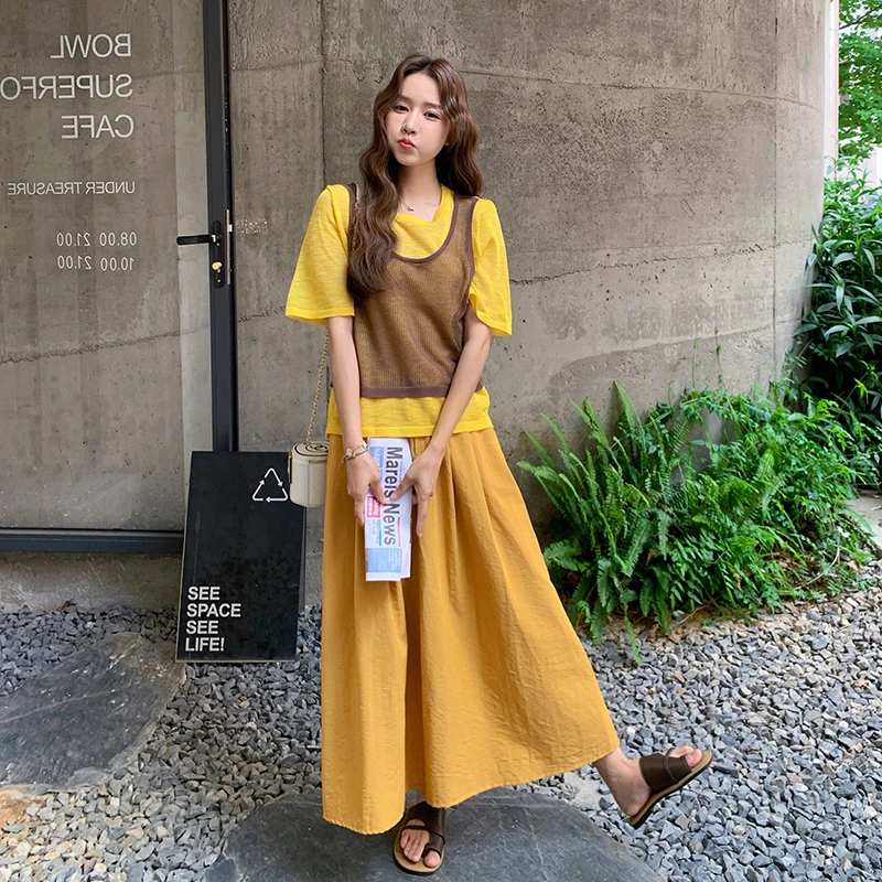 假两件黄色T恤半身裙套装女2025夏新款减龄高级小众不撞款两件套