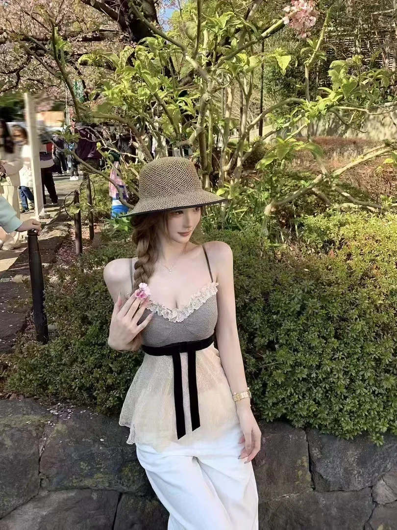 白月光上衣夏季收腰显瘦纯欲甜美设计感蝴蝶结无袖吊带背心女