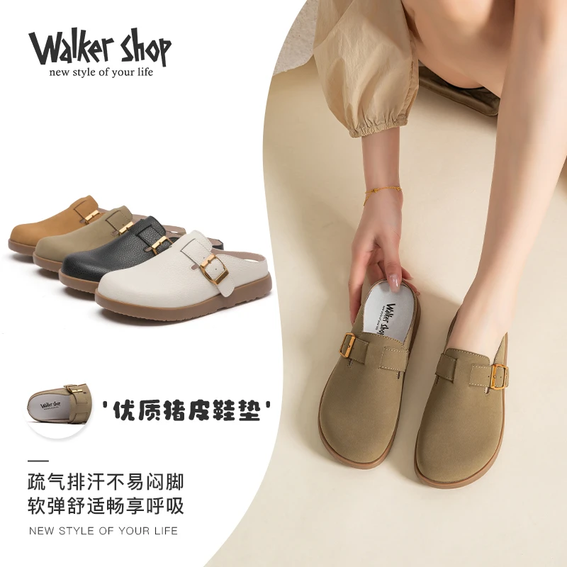 WalkerShop搭扣水染皮平跟胶粘中跟女包头拖平底夏季英伦风秋季
