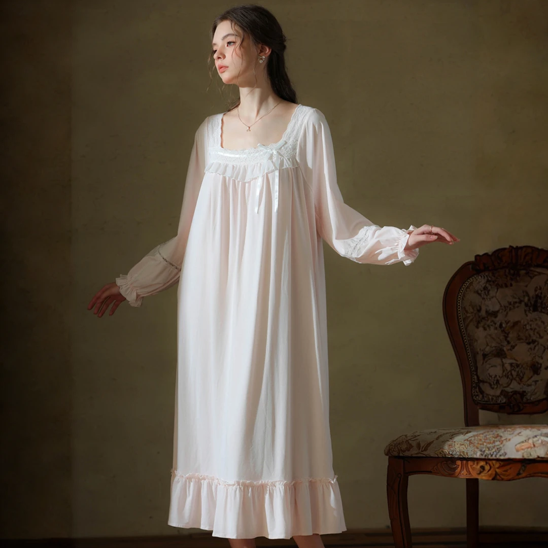 约蒂宾弗长袖睡裙女纯棉春秋季超舒适少女法式宫廷公主风宽松睡衣