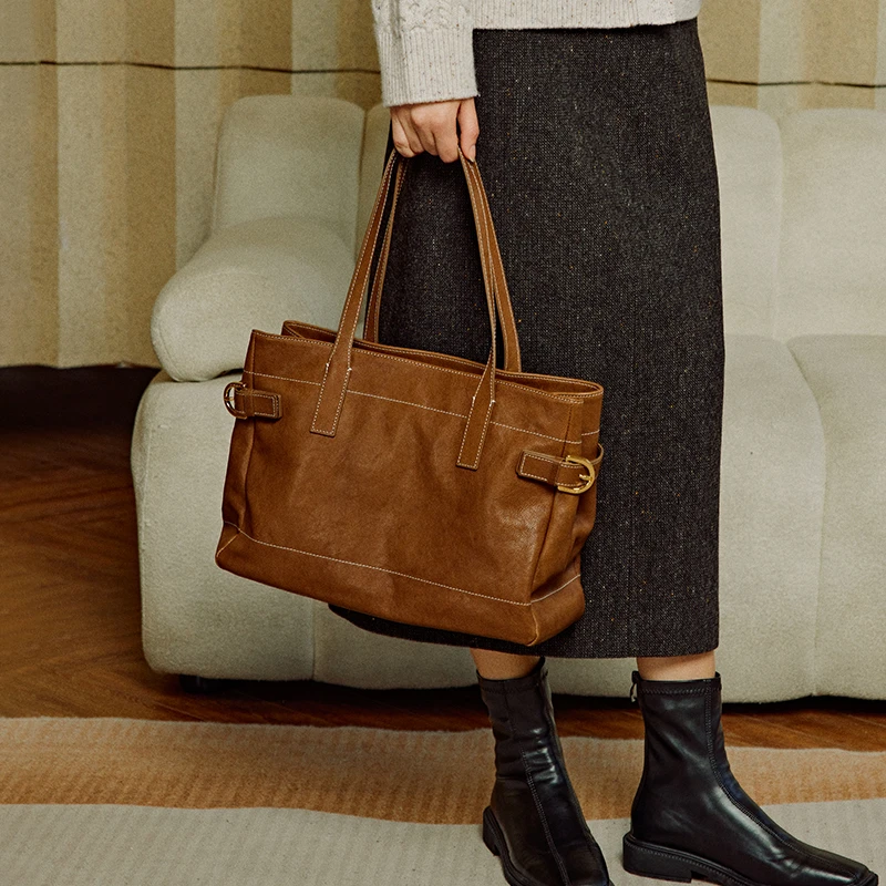 avalea葳里 头层素面植鞣牛皮复古托特包  欧美真皮单肩女包C392