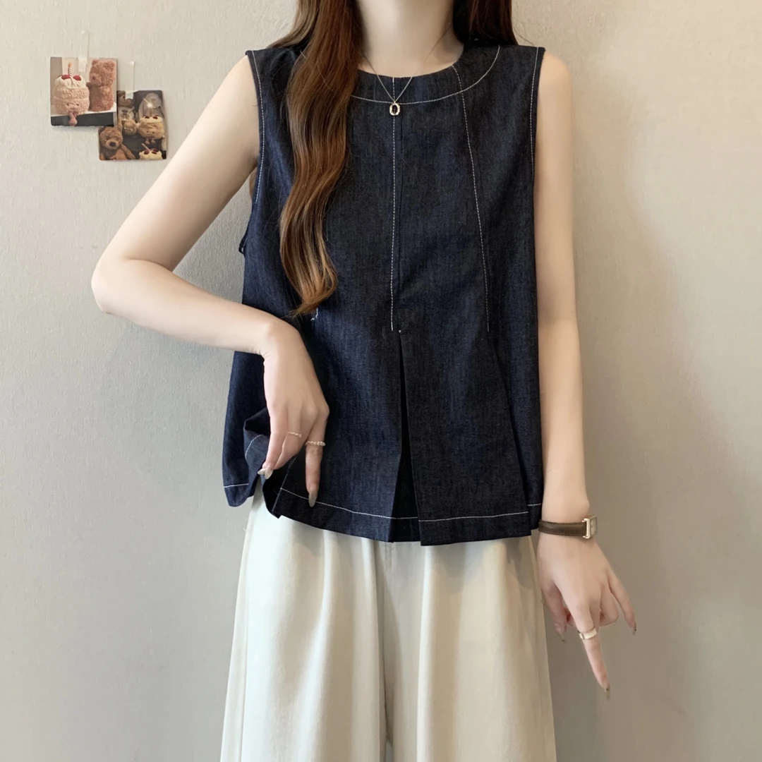 2025夏季新款设计感小众韩系简约无袖牛仔显瘦小衫