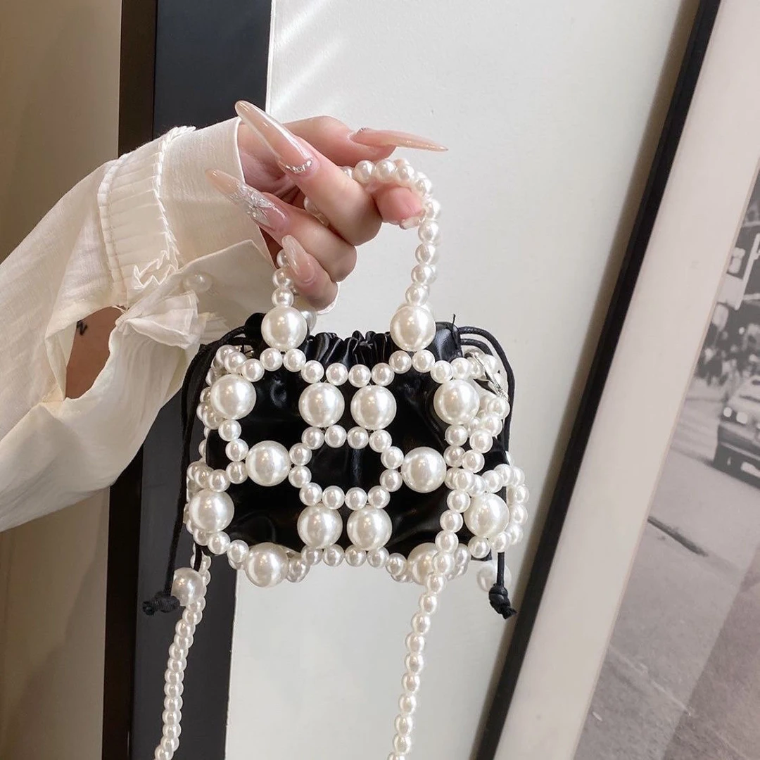 新款时尚镂空迷你手工珍珠串珠单肩链条编织斜挎包复古