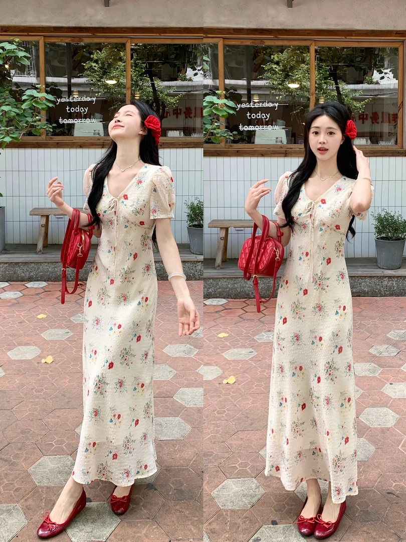 大码2025夏季新款气质显瘦高级感莫奈花园修身碎花连衣裙6033