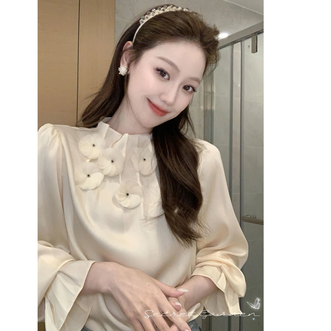 2025新款时尚气质显瘦纯色褶皱立领花朵装饰套头长袖雪纺上衣