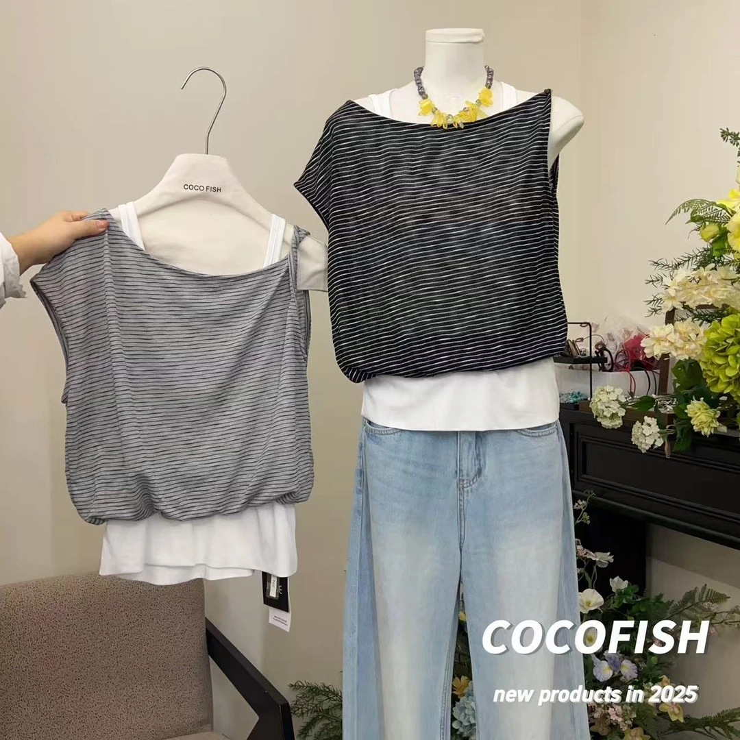 假两件韩系显瘦条纹拼接短袖上衣#638