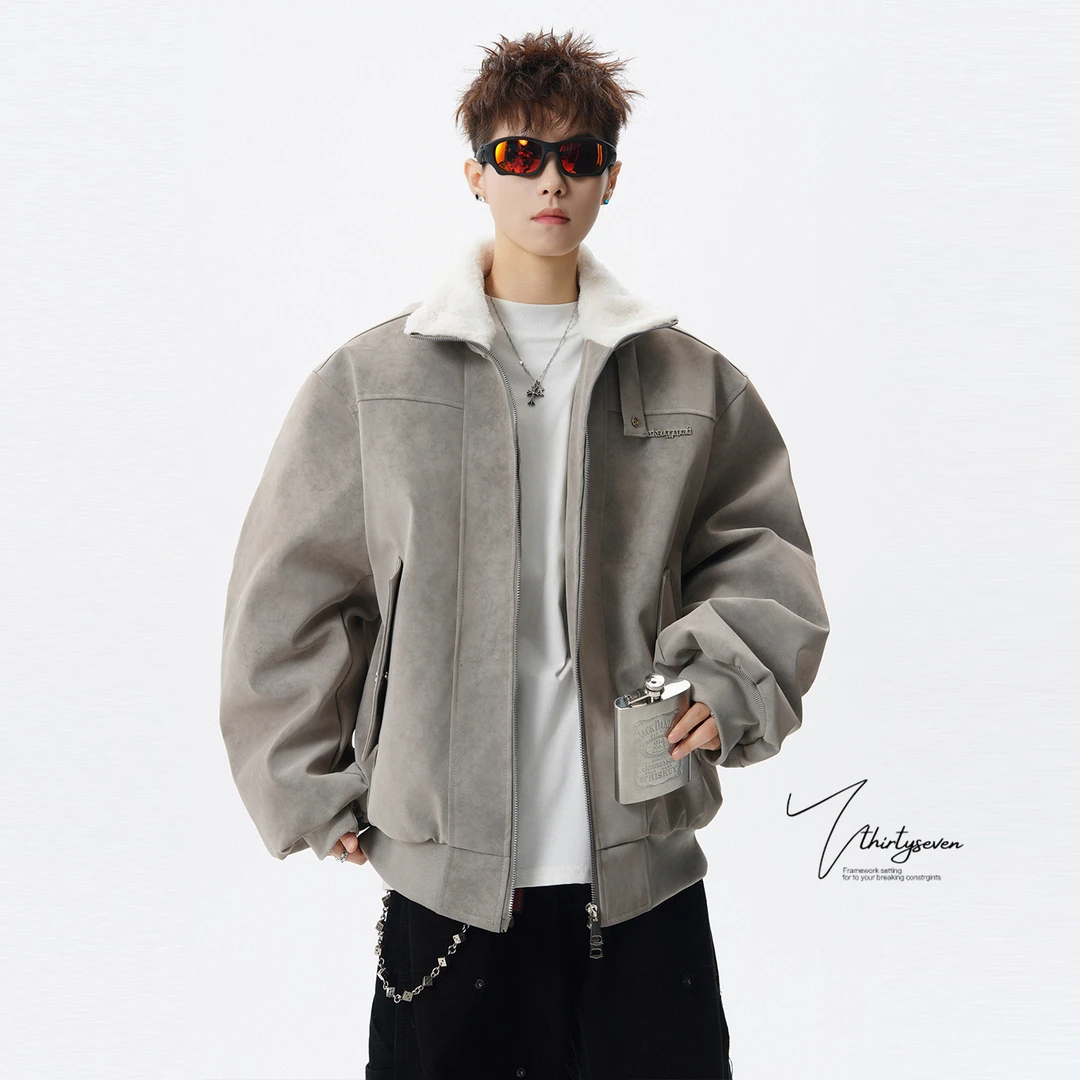 美式重磅翻领皮衣棉服男冬季新款高级感痞帅夹克金属标保暖棉衣潮