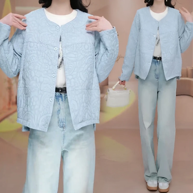 小香风圆领外套女2025春秋季新款高级感休闲压花宽松夹克上衣