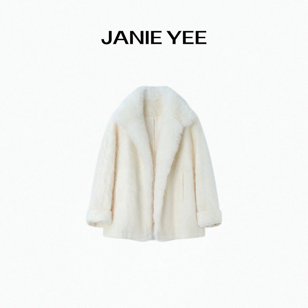 Janie Yee“巅奢贵妇大衣”100山羊绒拉绒毛领毛呢外套女 25A3604