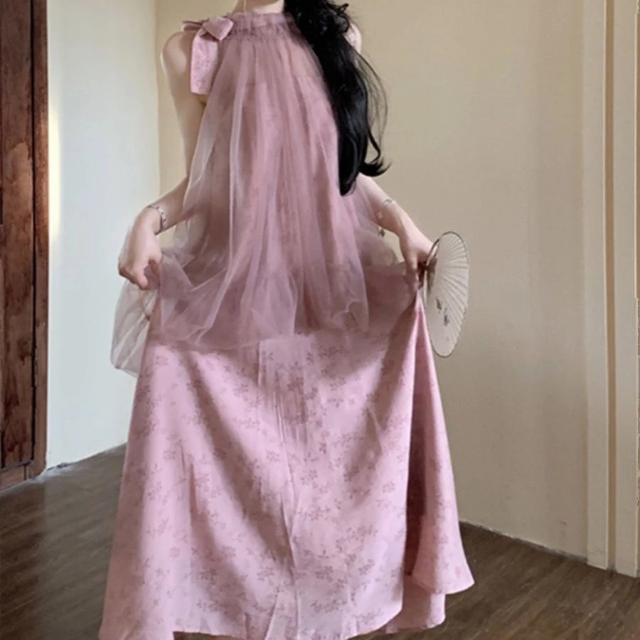 新中式国风气质绿色提花网纱挂脖连衣裙裙子洋气气质吸睛小众衣服