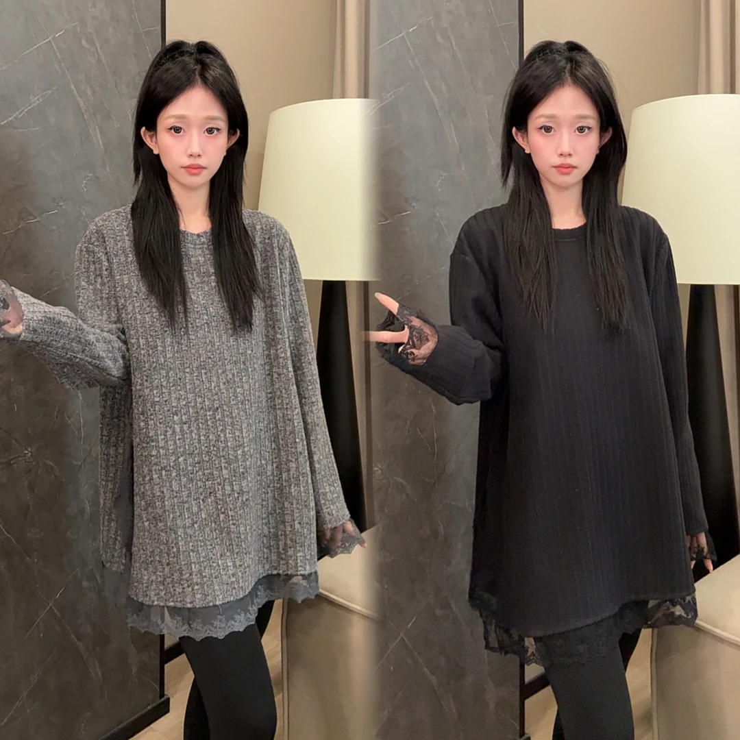 二姐的宝藏秋冬加绒简约软糯坑条宽松拼接蕾丝圆领长袖#25486
