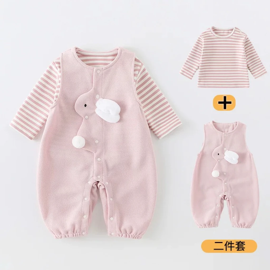婴儿衣服秋装套装连体衣女宝宝超萌可爱背带裤两件装春秋外出爬服