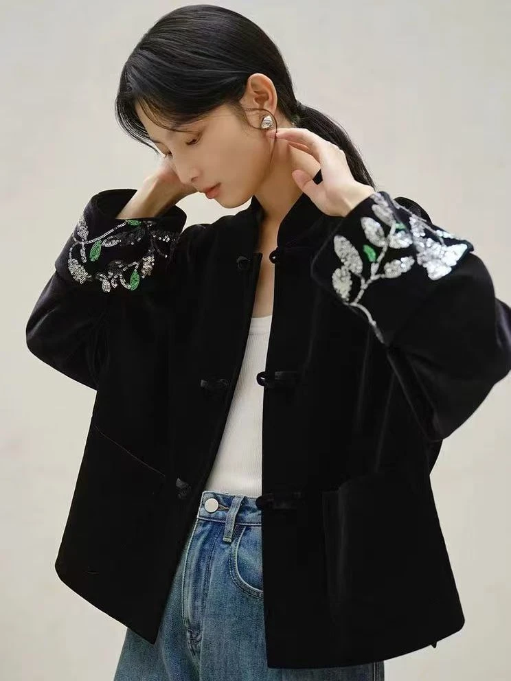 新中式 重工绣花金丝绒黑色外套女装2024秋冬季新款宽松国风棉衣