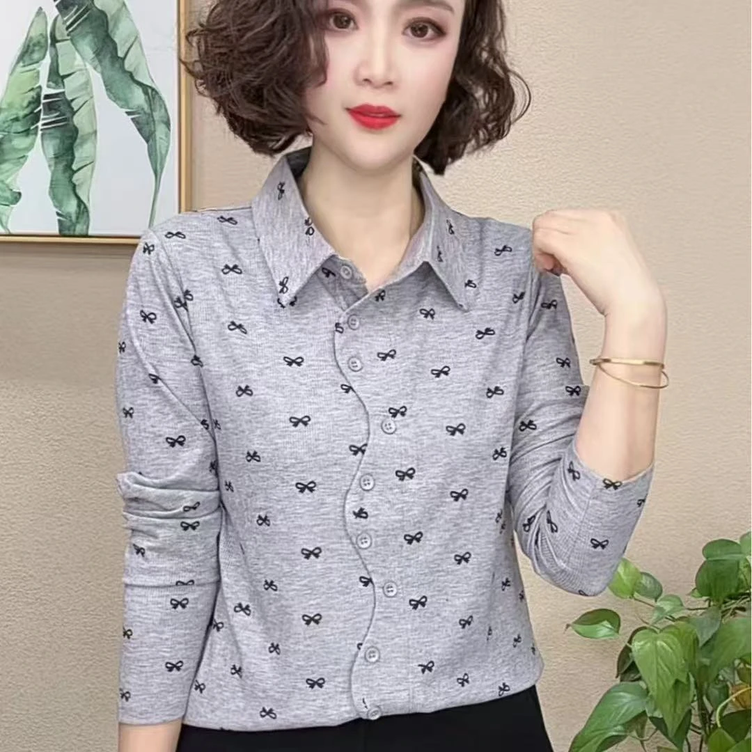 2025春季新款polo领时尚显瘦洋气气质女士印花百搭修身长袖T恤