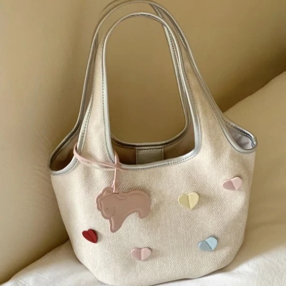 休闲夏日爱心帆布包包女大容量感小众时尚通勤手提单肩托特包