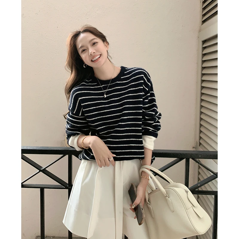 美洋MEIYANG 假日航线毛衣 海魂条纹拼色假两件圆领针织衫