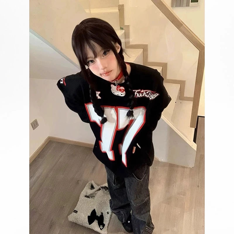 美式复古痞帅77号球衣男夏季潮流高街长袖T恤欧美街头hiphop上衣