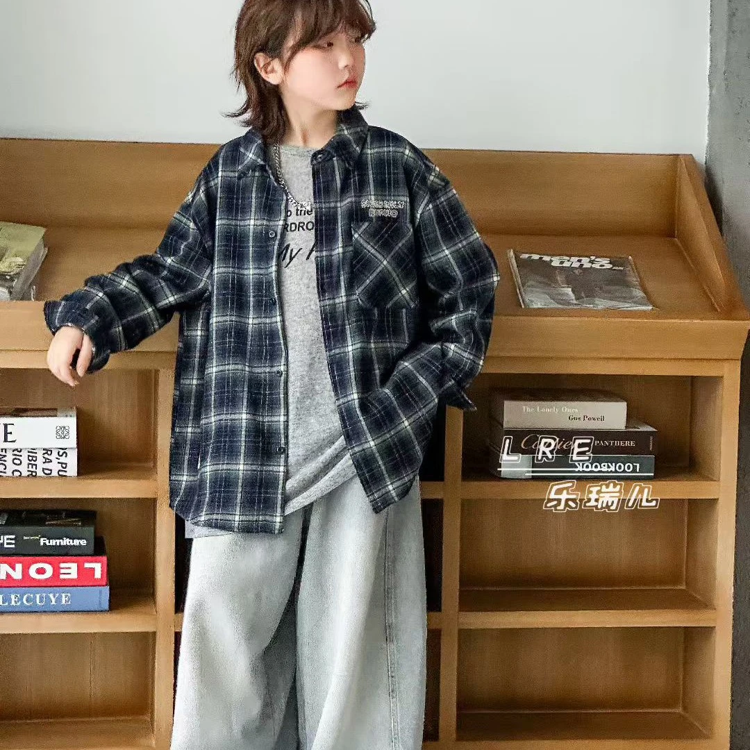 秋季格子衬衫外套男女童时尚休闲韩版潮款