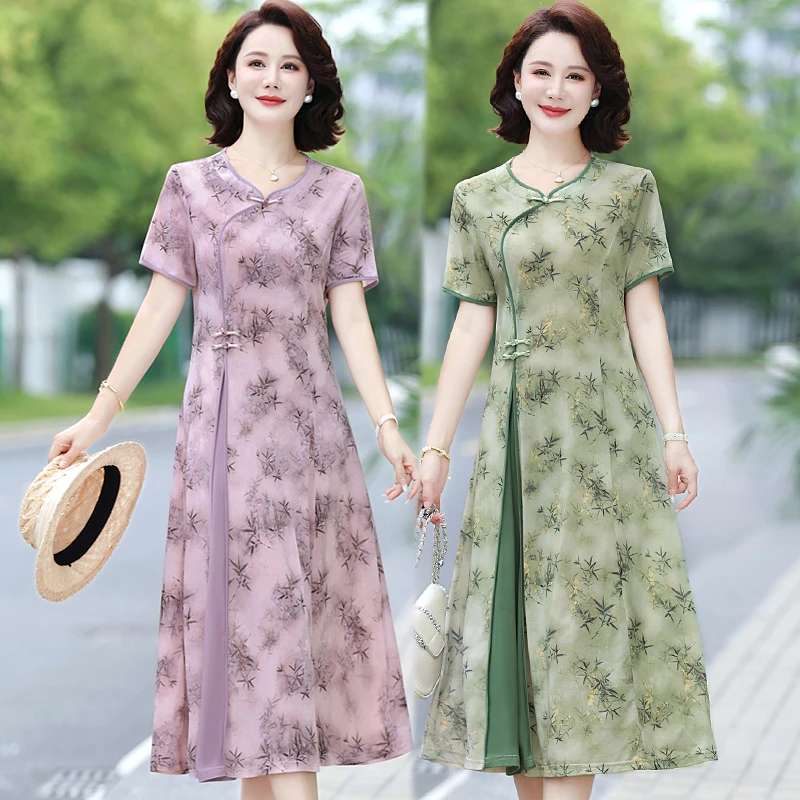 新中式夏季新款连衣裙冰羽丝气质显瘦改良旗袍连衣裙过漆裙子
