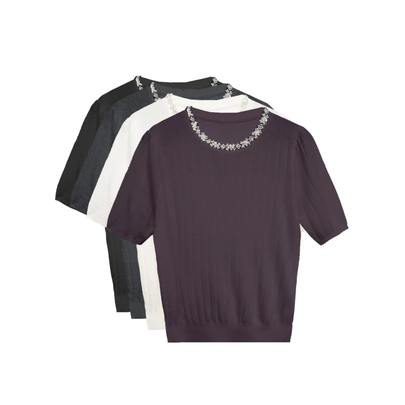 【橙庐】525802绵羊毛混纺珠绣圆领针织T恤 春秋女款显瘦气质时尚