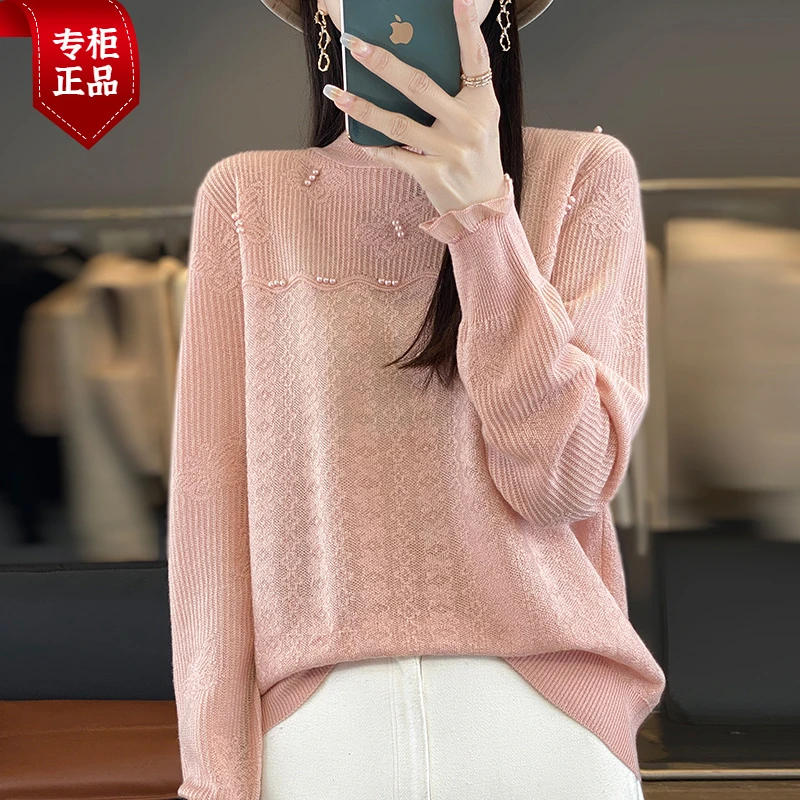正品时尚纯羊绒半高领蕾丝打底衫女2025春夏新款洋气钉珠内搭