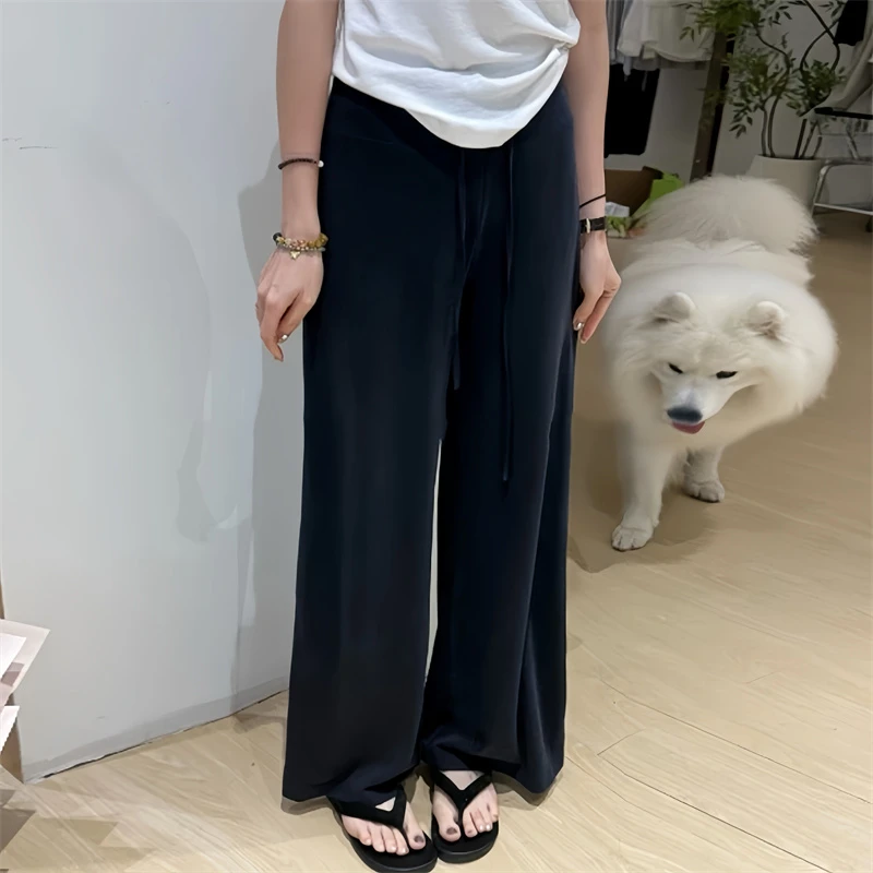 韩版休闲宽松显瘦直筒阔腿裤2025夏季新款灰色垂感遛弯松紧腰长裤