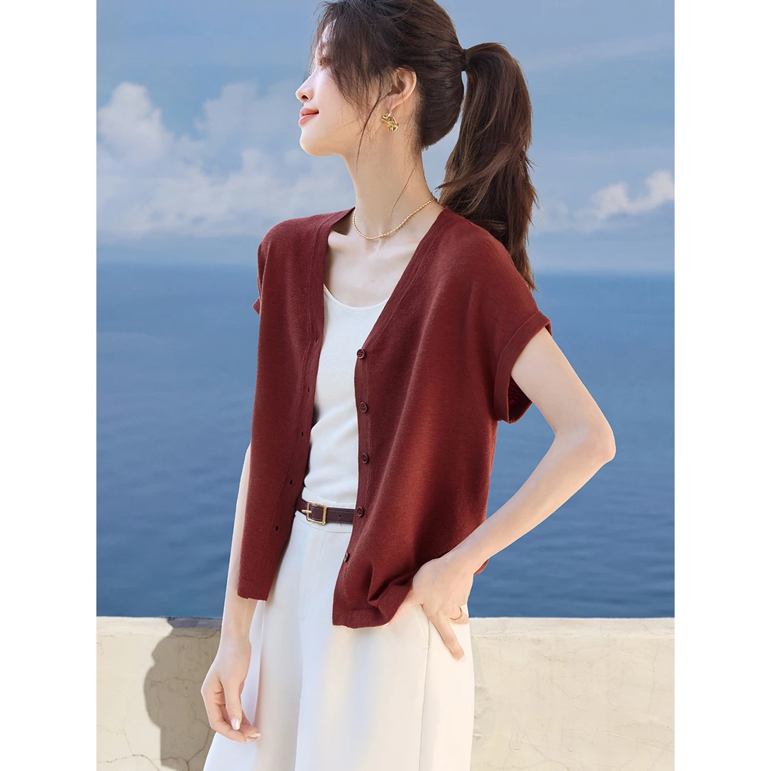 沫晗依美休闲减龄V领针织外套25夏时尚百搭轻薄藏肉短袖开衫短袖